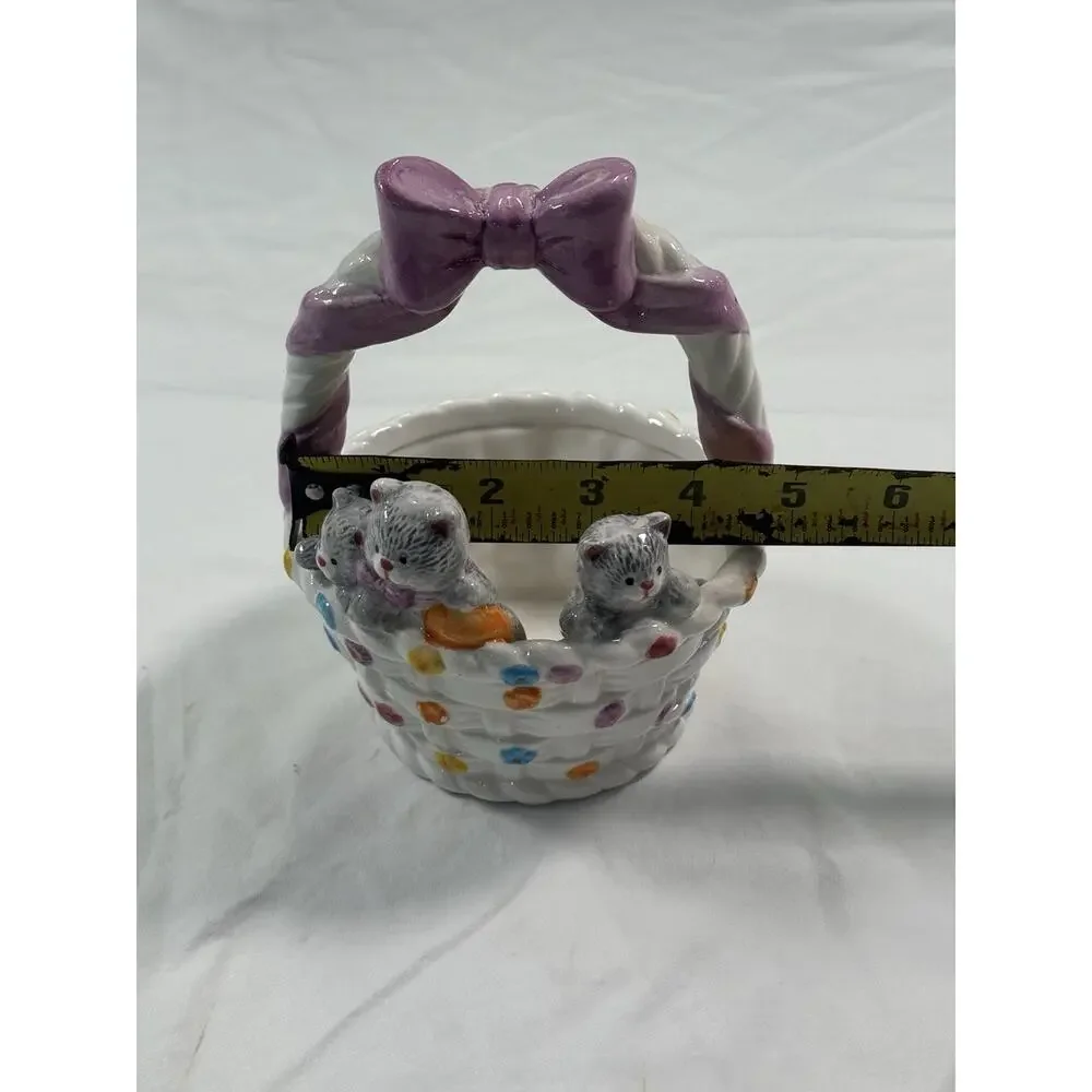 Ceramic Easter Egg Basket with Bow Handle Spring Bouquet‎ and 3 Cats